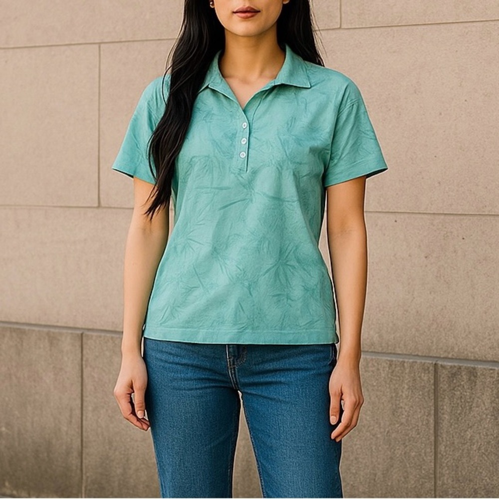 Caribbean Joe Top Women’s Turquoise Aqua Short Sleeve V Neck Collar Tropical